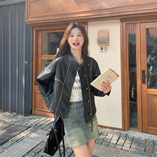 美拉德皮衣外套女小个子2024秋季新款美式复古棕色立领短款皮夹克，女装皮衣，纯色衣恋