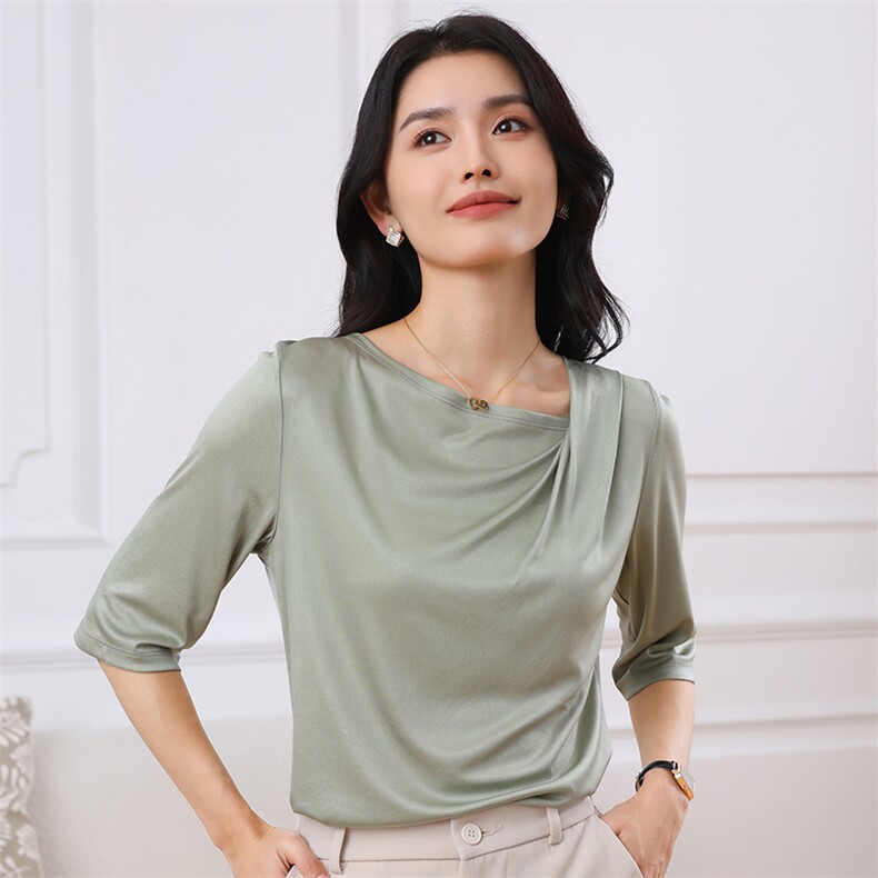 三醋酸断面荡领五分袖短袖t恤女薄款夏季透气百搭高级感半袖上衣,女装T恤,伊绒腾羊绒