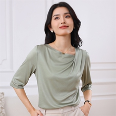三醋酸断面荡领五分袖短袖t恤女薄款夏季透气百搭高级感半袖上衣，女装T恤，伊绒腾羊绒