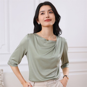 三醋酸断面荡领五分袖短袖t恤女薄款夏季透气百搭高级感半袖上衣图片