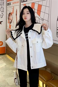 2022年春季牛仔外套女廓形简约荷叶边百搭气质夹克长袖纯色外套图片