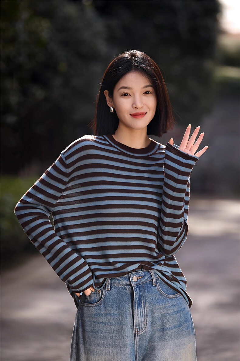 时尚潮流百搭女士圆领轻盈感条纹长袖,女装T恤,恒旺羊绒