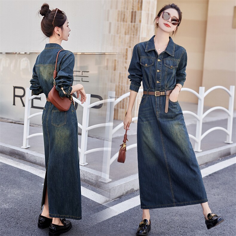 （现货）新款春秋欧货时尚复古牛仔连衣裙中长款高级感收腰显瘦，女装连衣裙，印象茜