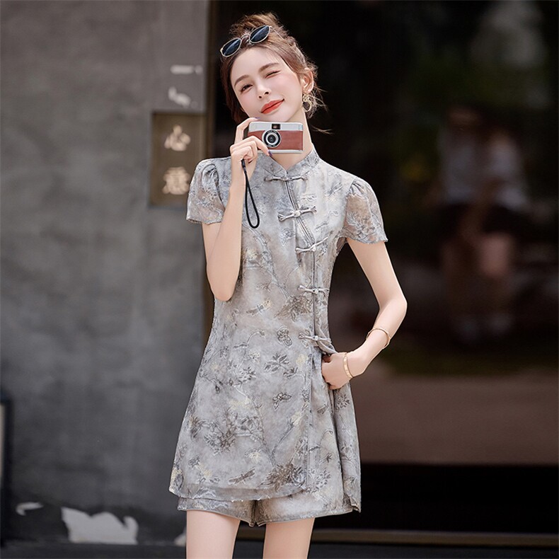 小个子新中式国风提花短裤套装2025夏季洋气减龄改良旗袍两件套女,女装套装/套裙,众宇琦