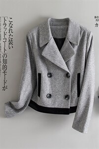 2023春秋冬短款人字纹羊毛呢撞色大翻领时尚小个子外套女图片