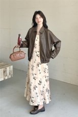 美拉德气质套装女2025秋季新款复古皮衣外套碎花吊带连衣裙两件套，女装套装/套裙，2D014