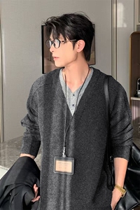 网图 冬季复古老钱风假两件V领针织衫男拼接套头毛衣-A2371P58图片