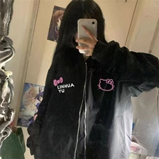 学生ins复古宽松上衣外套美式高街kitty棒球印花拉链夹克黑色外套，男装夹克，星座506A