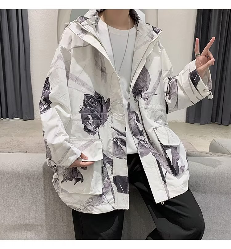 春秋新款男宽松连帽夹克工装上衣潮流港风干枯玫瑰外套JK028-P50,男装夹克,星座308B-1