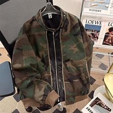 欧美外单迷彩风男女情侣款立领外套秋款拉链宽松大码休闲上衣新款，女装短外套，星座601-1