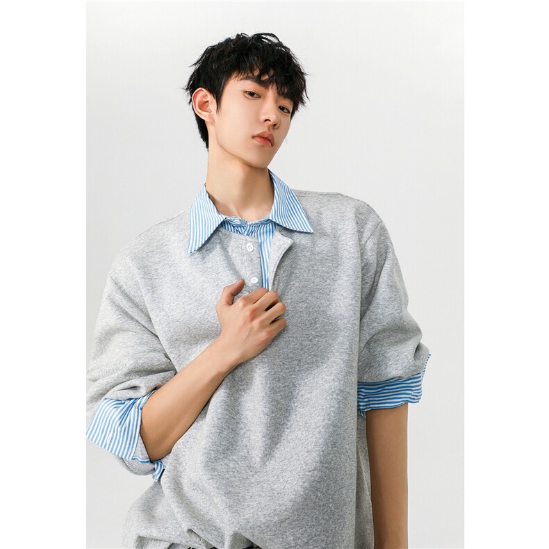 25春上新假两件韩版衬衫领卫衣长袖翻领外套上衣男H1050特P48，男装卫衣，电商A341