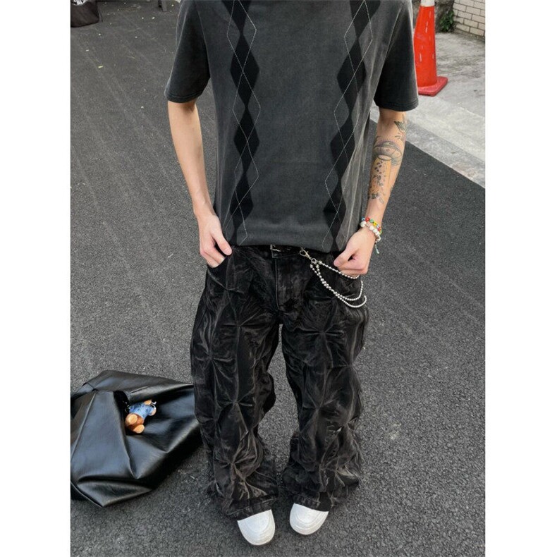 hiphop美式褶皱设计感直筒宽松牛仔裤男女街头百搭休闲阔腿长裤,男装牛仔裤,星座601-1