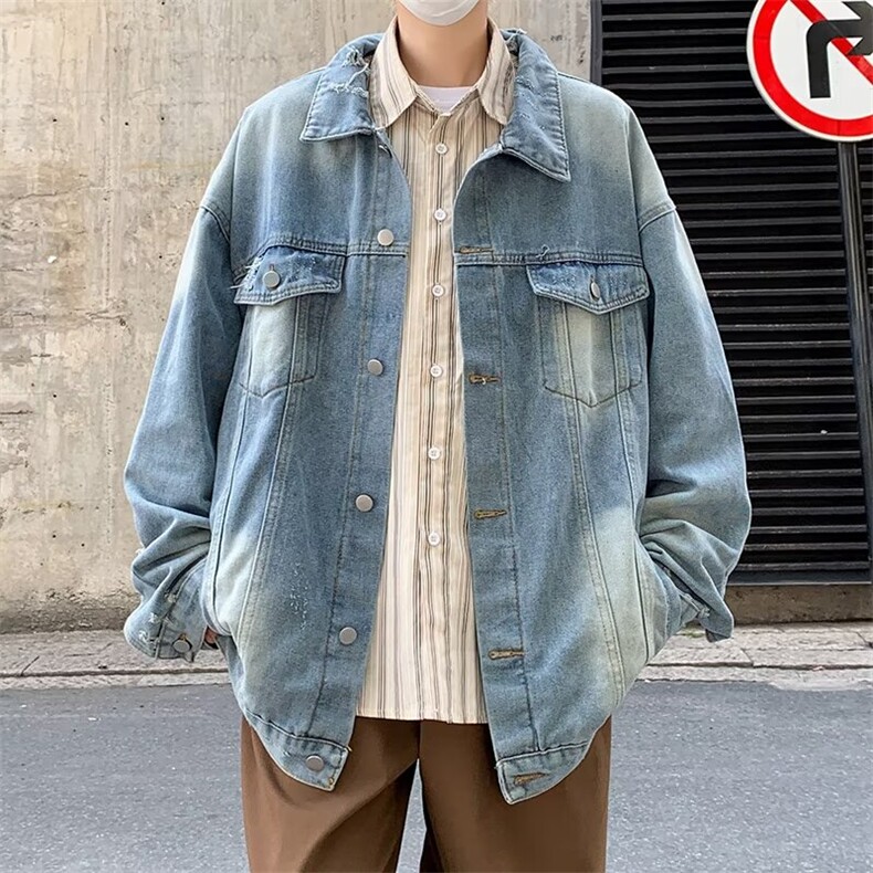 渐变牛仔外套男秋季美式水洗上衣宽松高街潮牌痞帅夹克衫2223/P70图片