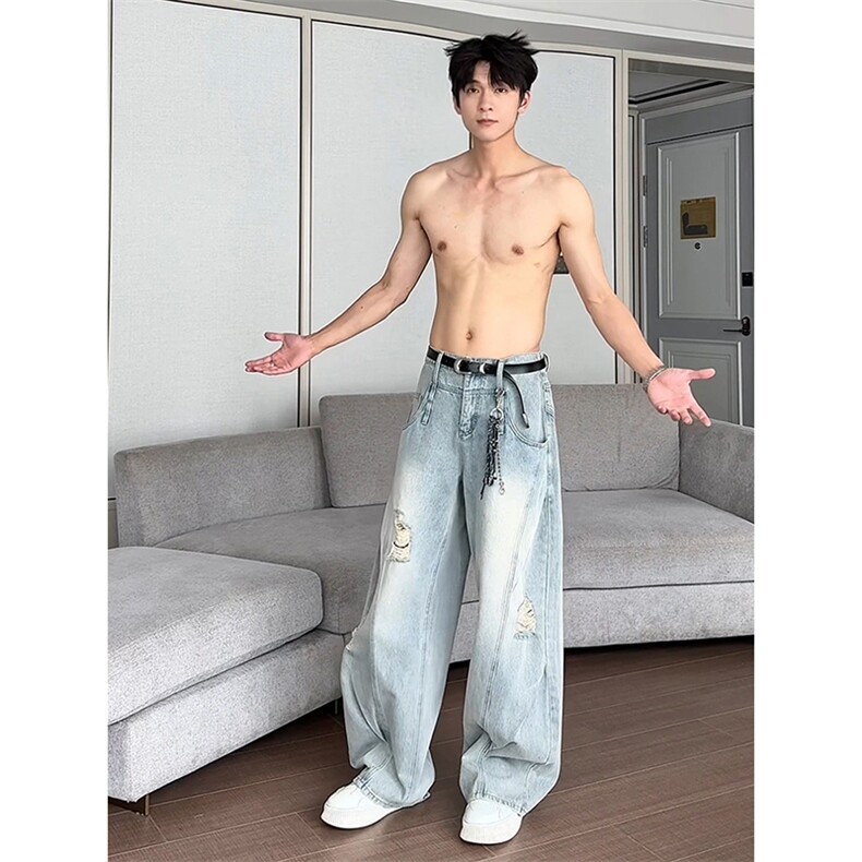AK2091-P58美式高街拼接破洞牛仔裤复古水洗弯刀阔腿裤，女装休闲裤，星座617A-2
