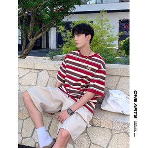 UNLG美式复古腊肠狗刺绣圆领条纹短袖t恤男夏季宽松休闲情侣上衣图片