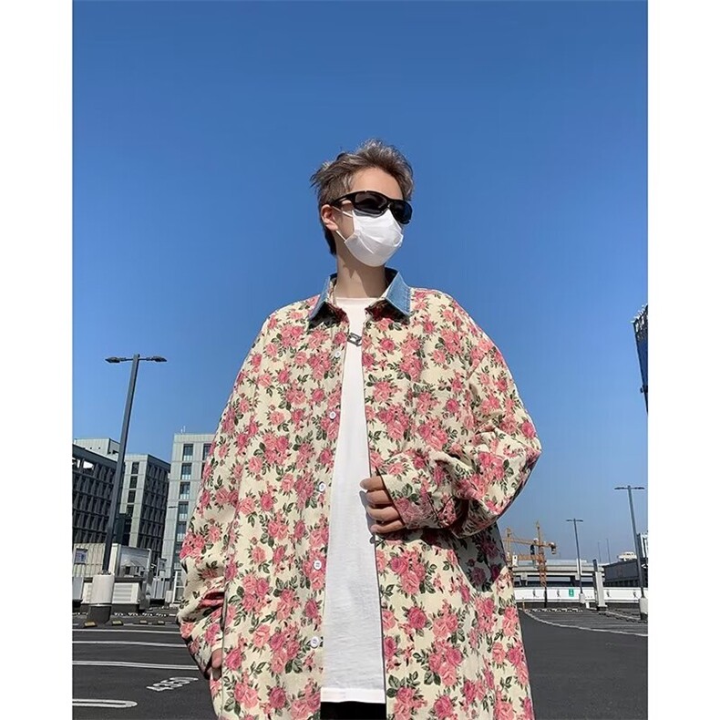 提花牛仔外套男风夹克美式潮牌痞帅炸街大码休闲衬衫图片