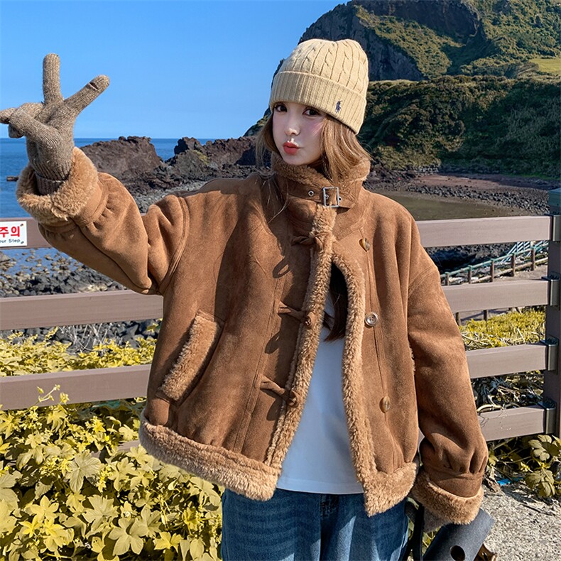 皮毛一体仿羊羔毛短外套女冬季2025新款爆款小个子加绒加厚棉服潮,女装羊羔毛/颗粒绒,诺蝶