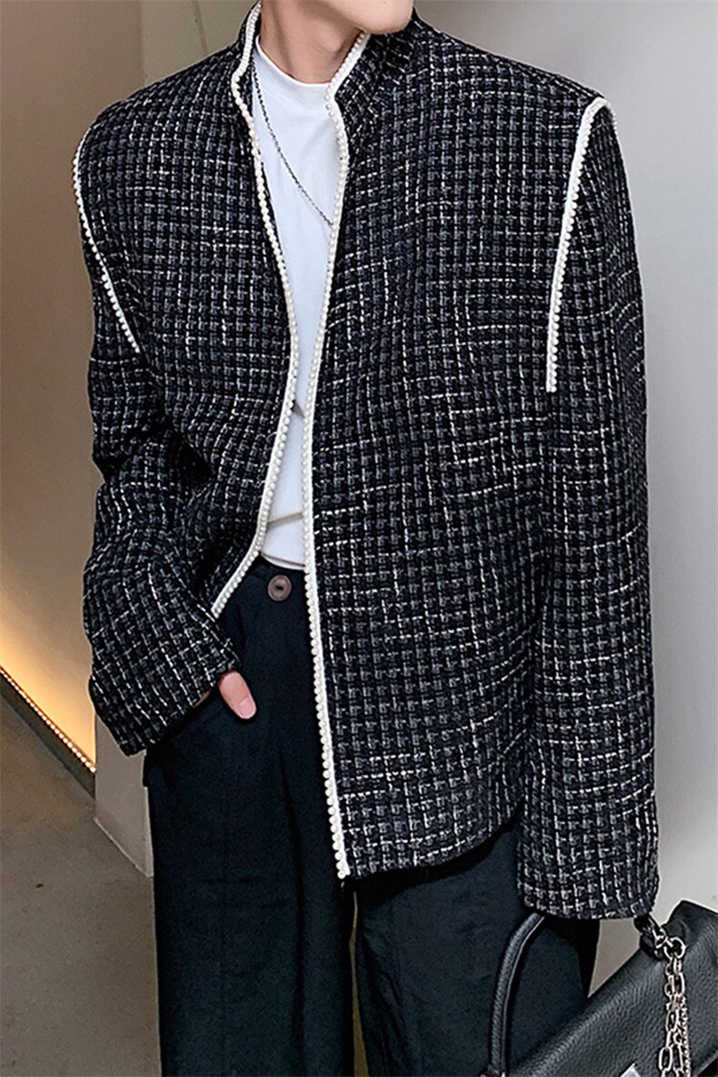 立领小香风珍珠设计感千鸟格宽松西服X13/P70降,男装西服,电商A243