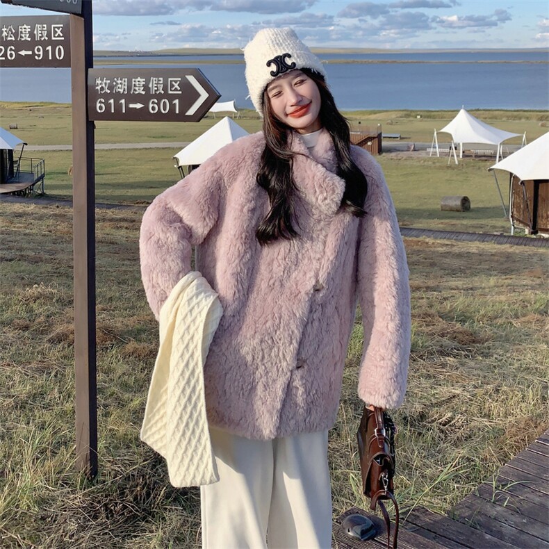 粉紫色法式温柔风皮毛一体羊羔毛外套女秋冬2025新款超好看厚棉服,女装毛呢外套,2C283