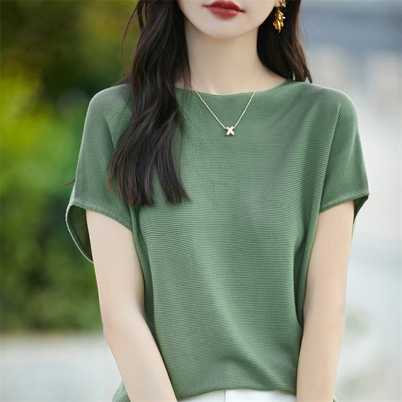夏季薄款莱赛尔天丝针织衫短袖女圆领冰丝上衣宽松半袖T恤打底衫,针织衫/毛衣,佳绒包芯纱店