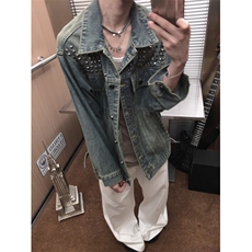 秋冬复古牛仔外套男女宽松百搭重工铆钉做旧慵懒休闲夹克JK8644，男装工装外套，星座1116A（原606A-3）