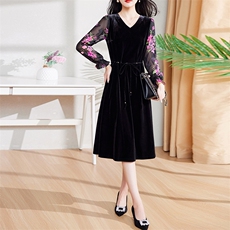 现货-新品】春装金丝绒连衣裙2024年中长款显瘦V领中长款裙子，女装连衣裙，仁梯