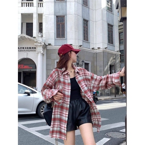 TC632-P45美式复古红格子衬衫女春夏季2026新款Polo领衬衣图片