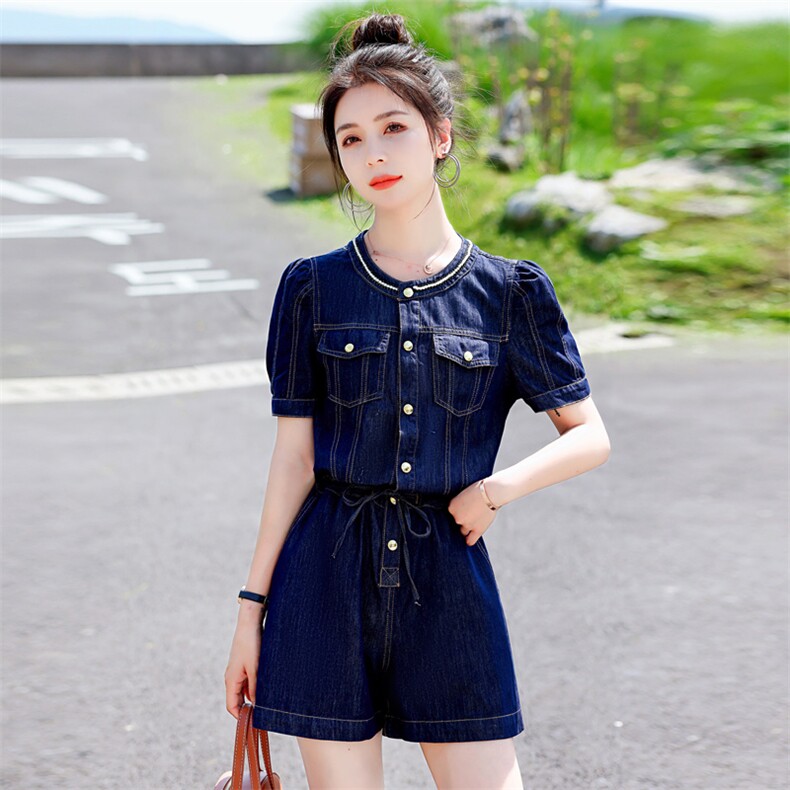 天丝牛仔连体裤女薄款2025夏季新款韩版时尚洋气减龄工装连衣短裤,女装连体裤,意芙