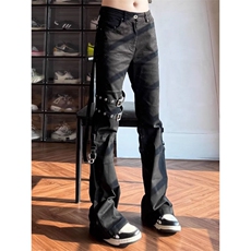 2026美式裤腿绑带重工高街多口袋工装水洗黑牛仔裤K71586-P55网图，男装牛仔裤，电商B245