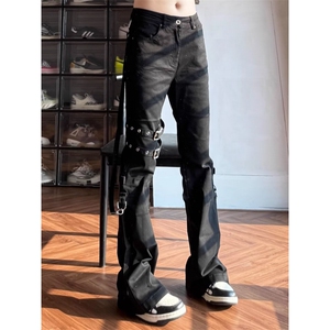 2026美式裤腿绑带重工高街多口袋工装水洗黑牛仔裤K71586-P55网图图片