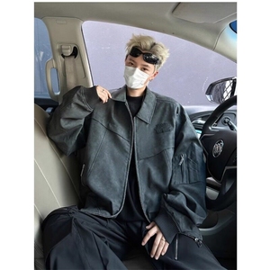 扎染皮衣外套男秋季美式复古高街水洗上衣春秋款潮牌痞帅炸街夹克图片