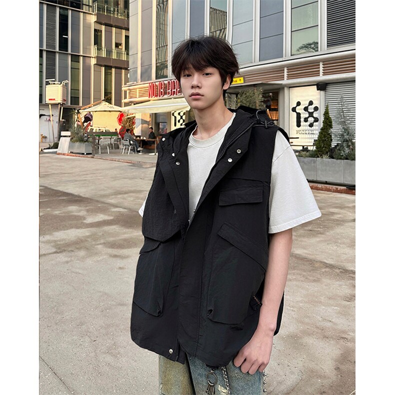 8XL-M 四季工装外套街头机能口袋连帽防水无袖马甲坎肩JK1316P78图片