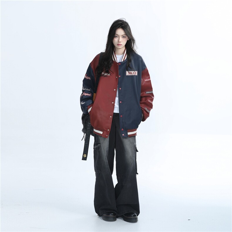 美式复古高街潮牌刺绣拼接撞色夹克外套男女设计感棒球服PU皮衣,男装皮衣,星座715-4