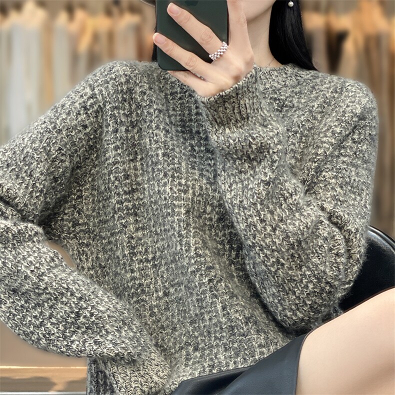 秋冬新款花纱金银丝圆领加厚羊毛毛衫,女装羊毛衫,科源羊绒
