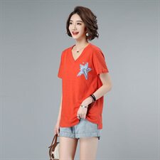 2021新款大码女装V领印花T恤宽松显瘦舒适上衣，女装大码女装，秋牧寒烟
