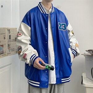 2035-P85港风春秋新款夹克男字母刺绣港风棒球服宽松休闲PU皮外套图片