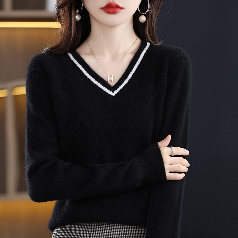 2024秋季新款V领长袖纯色套头衫休闲百搭，女装羊毛衫，秋双羊绒