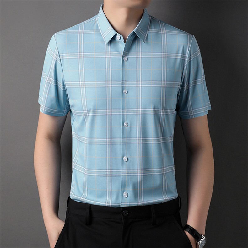 AL52305钱塘2020-3新款格子男士无缝压胶短袖衬衫时尚休闲衬衣P60,男装衬衫,钱塘207-3