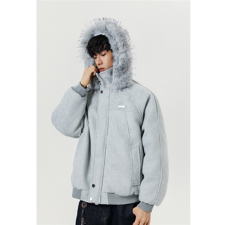 图座山雕毛领连帽休闲毛呢拼接秋冬棉服情侣款上衣外套P118,男装棉衣,电商C306-1