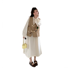 卡其色牛仔绣花背心半身裙两件套女2025春季新款时尚减龄百搭套装，女装套装/套裙，浙宝301