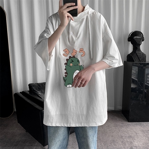 LD54037-P45 连帽短袖t恤男大码胖子带帽五分袖中袖图片