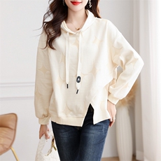 现货2023秋季新款特质面料不规则下摆宽松休闲百搭连帽卫衣，女装卫衣/绒衫，深水步