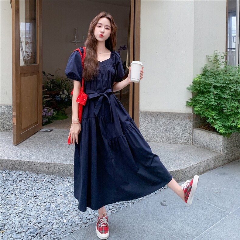 法式泡泡袖连衣裙女2025夏季新款小个子超好看时尚气质收腰长裙,女装连衣裙,2C273