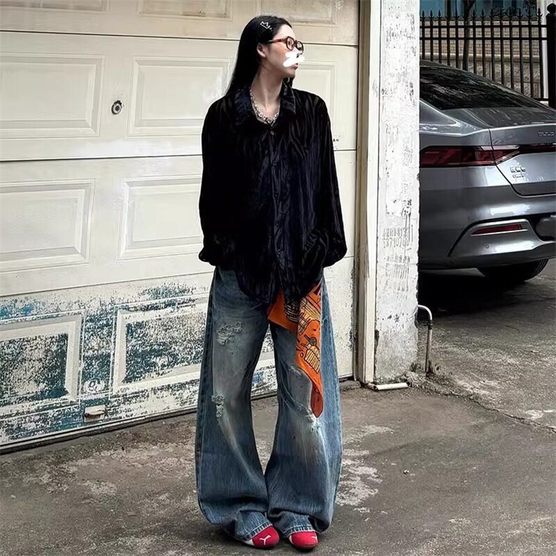 美式高阶水洗做旧破洞牛仔裤阔腿短裤情侣潮KZ31D768--TP50,男装牛仔裤,电商A247C