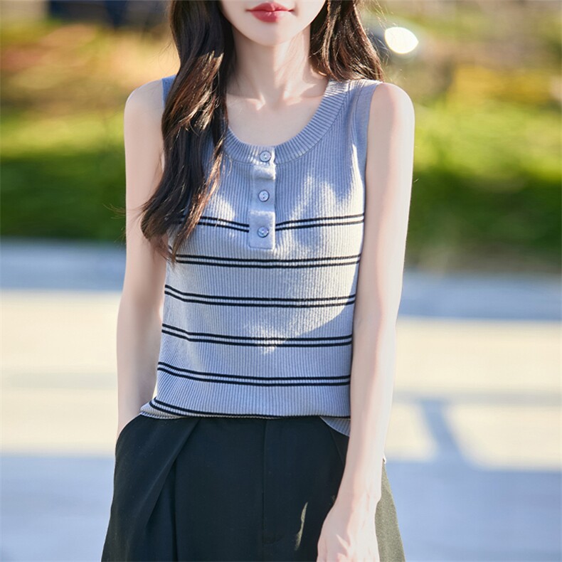 夏季冰丝针织条纹背心女2025新款外穿复古显瘦减龄无袖吊带背心薄,女装背心吊带,思牵羊绒
