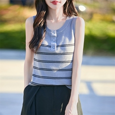 夏季冰丝针织条纹背心女2025新款外穿复古显瘦减龄无袖吊带背心薄，女装背心吊带，思牵羊绒