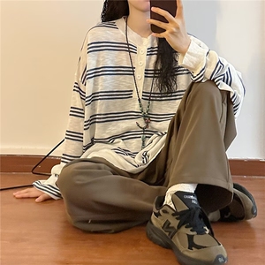 港风秋款男女圆领条纹拼接毛衣宽松针织衫线衣外套M22 P40图片