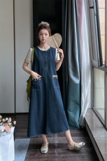 深蓝色牛仔连衣裙套装女2025夏季新款学院风减龄T恤背心裙两件套，女装套装/套裙，2C209
