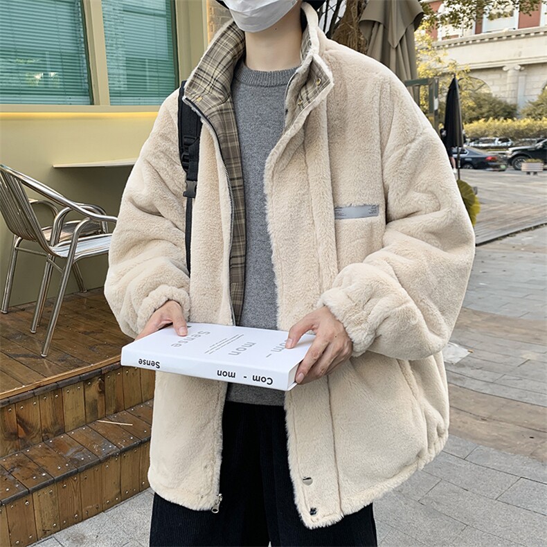 冬季港风羊羔毛两面穿外套男格子翻领棉衣加厚潮流棉袄MY56-P135图片