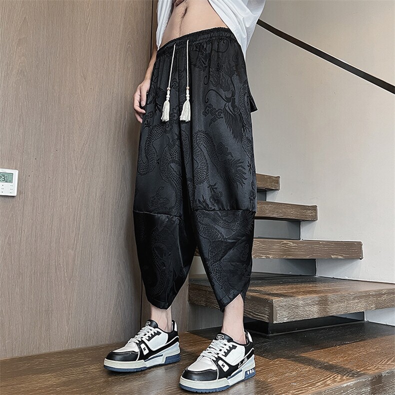 2025新中式龙纹冰丝沙滩裤加大码宽松阔腿裤A057-K379-P40，男装休闲裤，电商A057